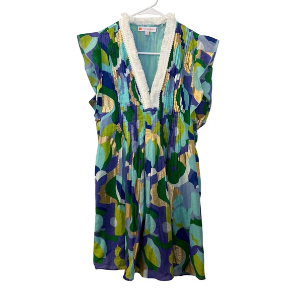 Jude Connally Dresses & Skirts - Jude Connally Womens Medium Blue Green Gold Abstract Pintuck Fringe Shift Dress